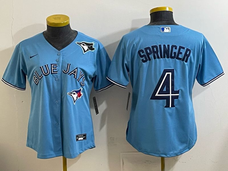 Women 2025 Toronto Blue Jays #4 Springer  Light blue Game Nike MLB Jersey style 004->women mlb jersey->Women Jersey